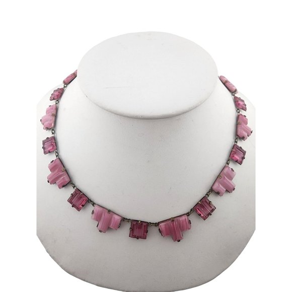 Antique Super Rare Opaque Striated & Clear Art Deco Vauxhall Necklace (A3270) - Picture 1 of 8